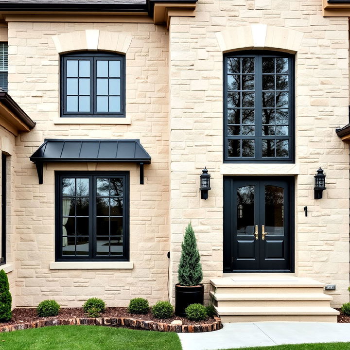 beige stone house with black windows