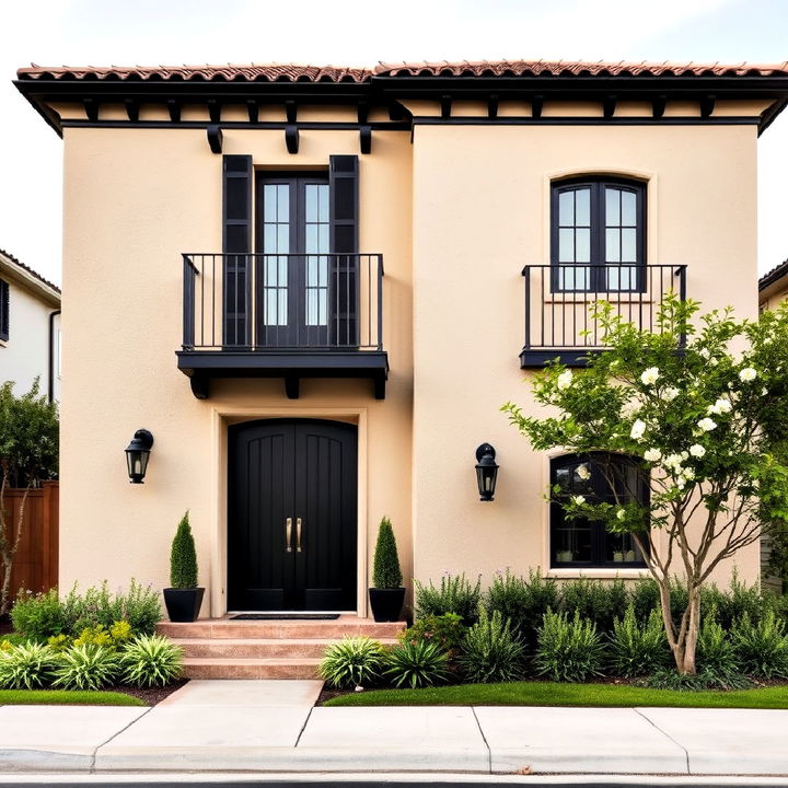 beige stucco house with black accents