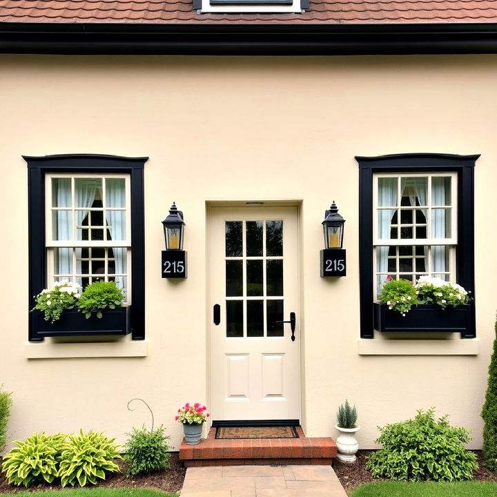 beige stucco house with black window boxes