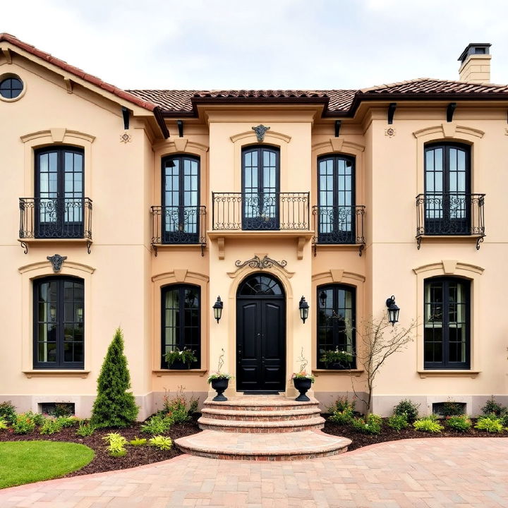 beige stucco house with black wrought iron