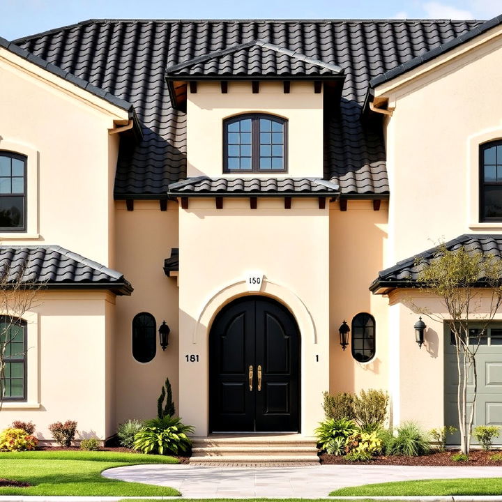 beige stucco with black roof tiles design