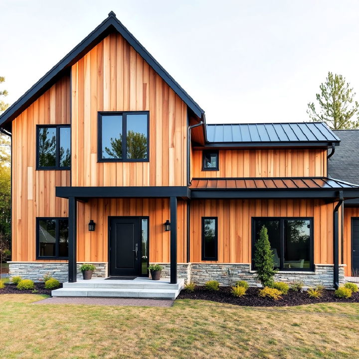 beige wood cladding with black steel accents