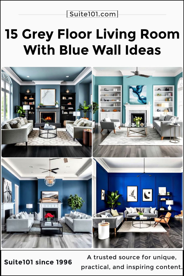 best grey floor living room with blue walls ideas