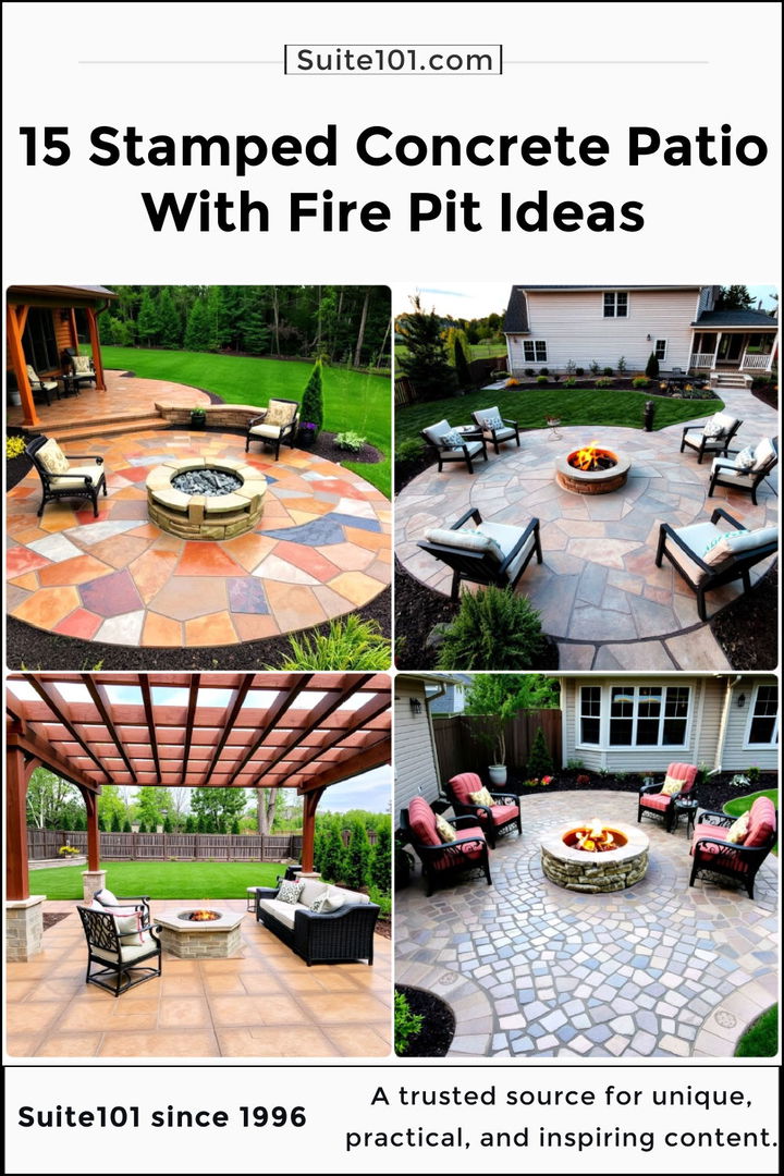 best stamped concrete patio with fire pit ideas