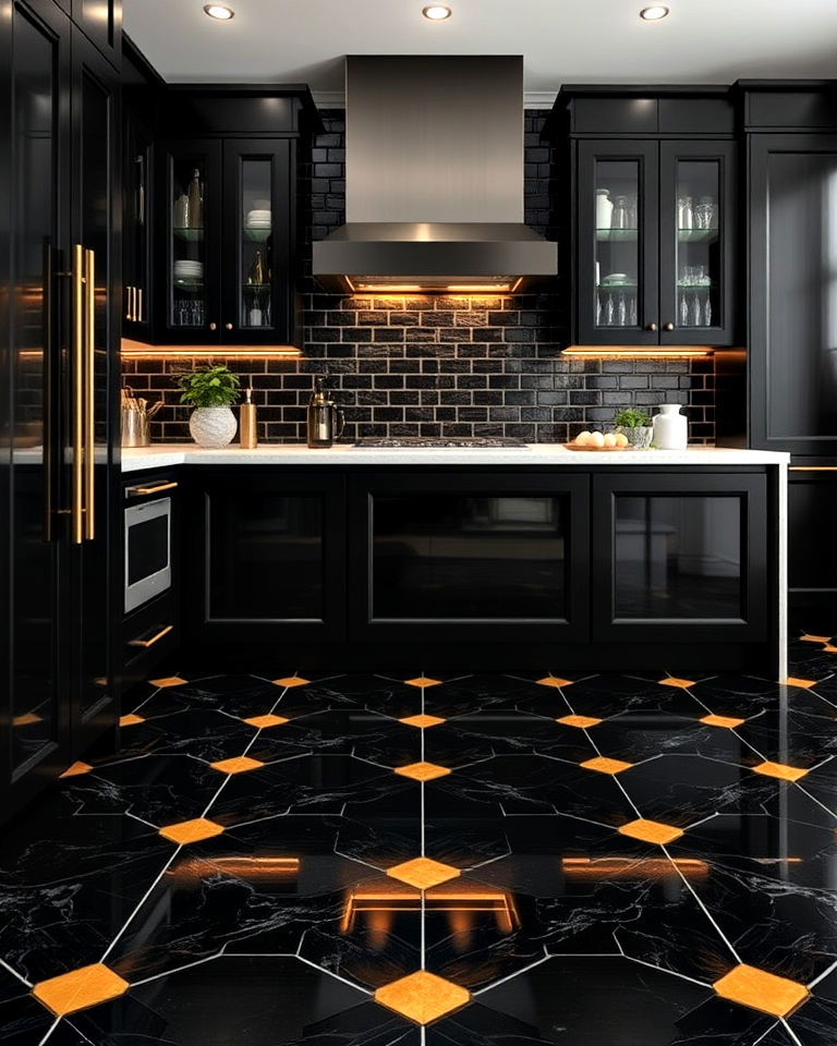 black and gold inlay tiles floor for a luxe touch