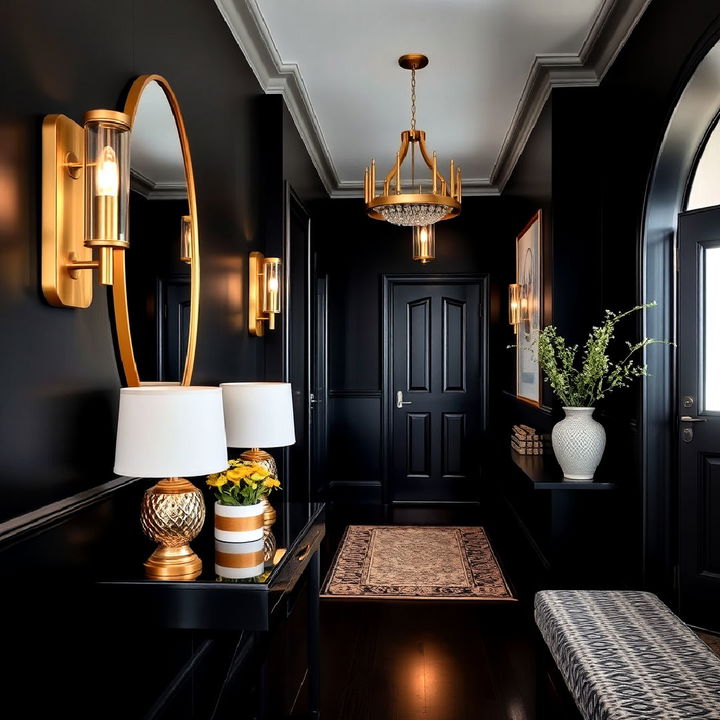 black and gold lighting fixtures for an upscale entryway look