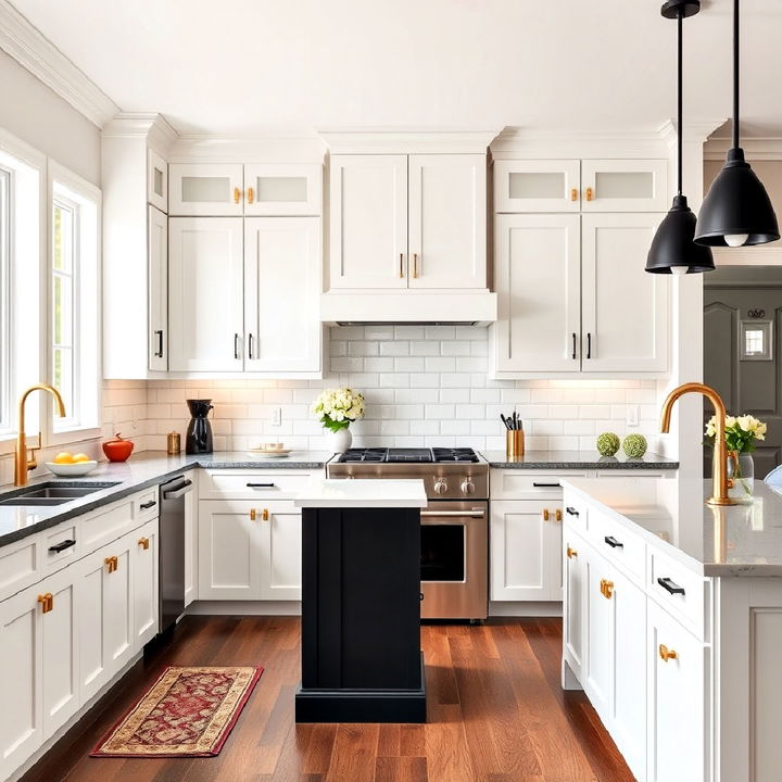 black and gold modern hardware on classic white shaker cabinets