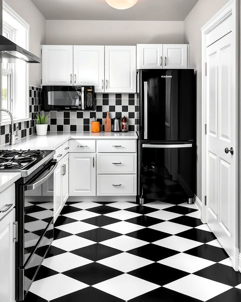 black and white checkered floor kitchen with black appliances