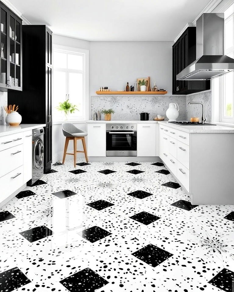 black and white contrast terrazzo floor