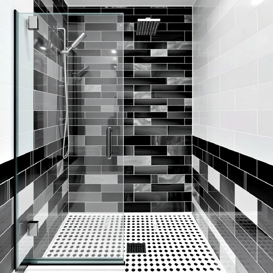 black and white contrast walk in shower tile