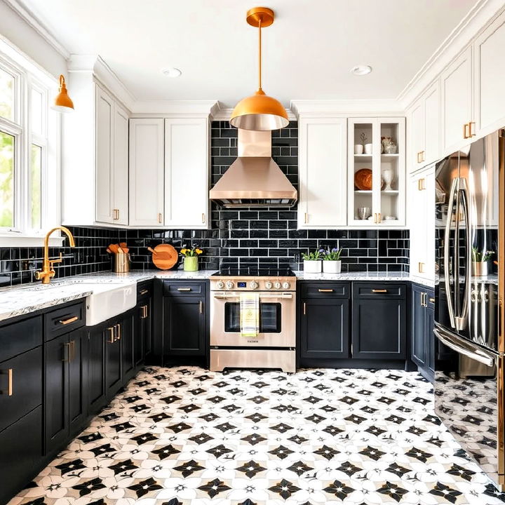 black and white kitchen mosaic floor with glamorous gold touches