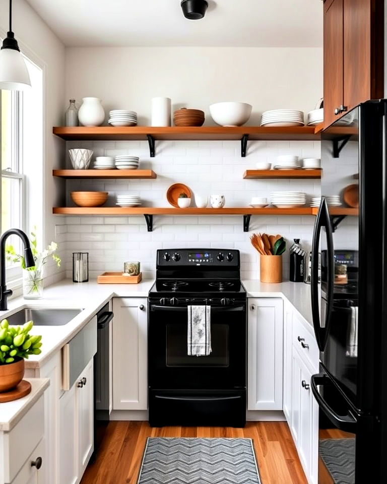 black appliances with open shelving for kitchen