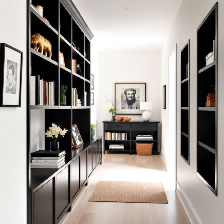 black built in shelving for hallway storage and decor display