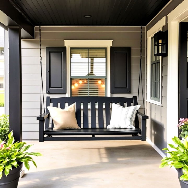 black farmhouse porch swing for a cozy modern touch