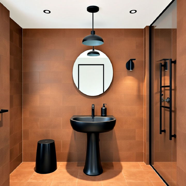 black fixtures against warm brown tiles for bathroom