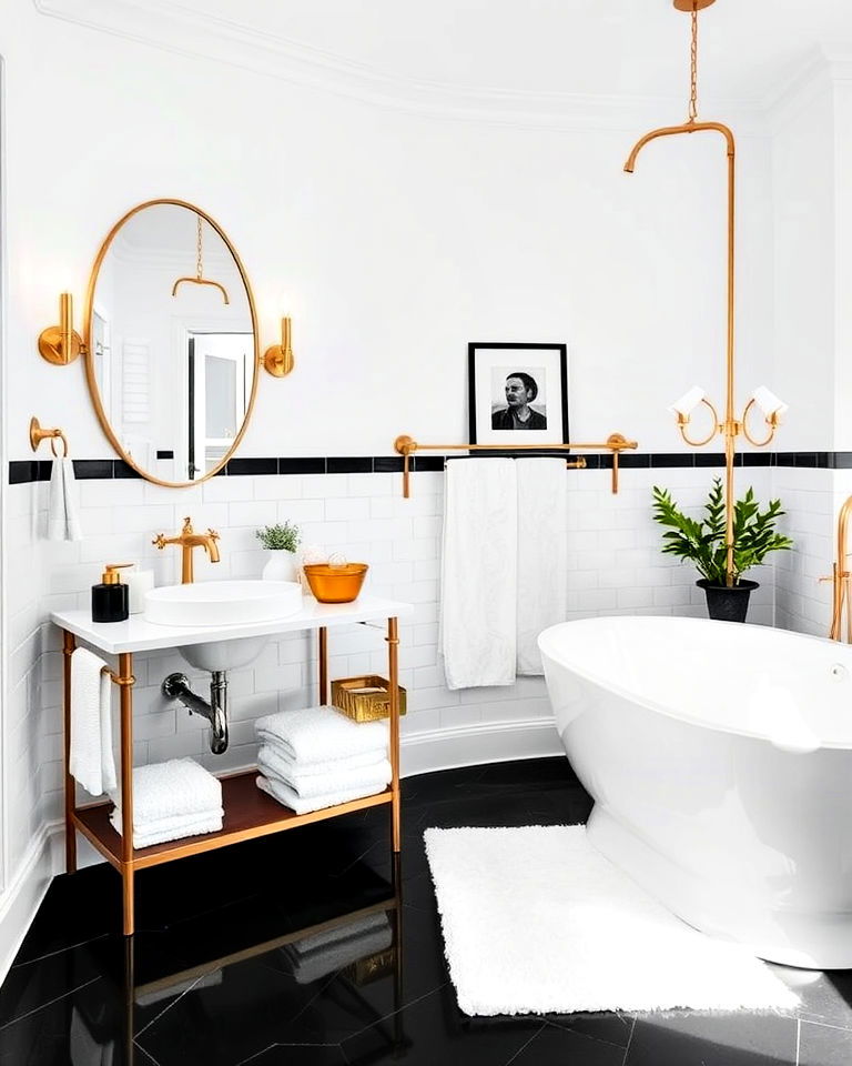 black floor and white wall bathroom with brass accents