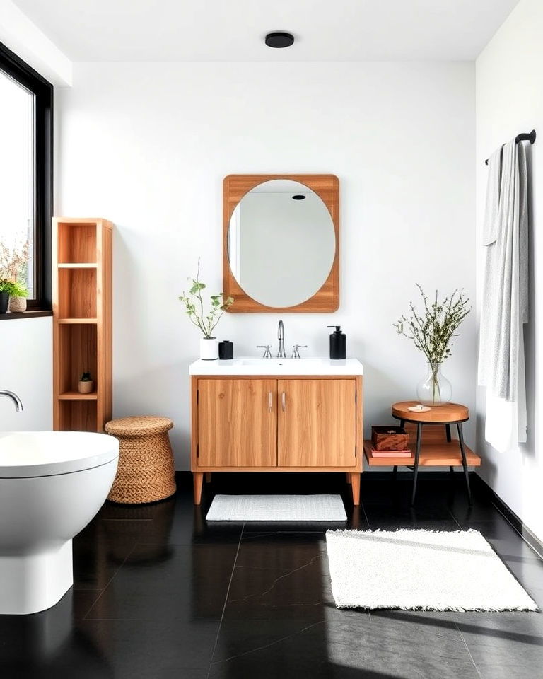 black floor and white wall bathroom with wooden accents