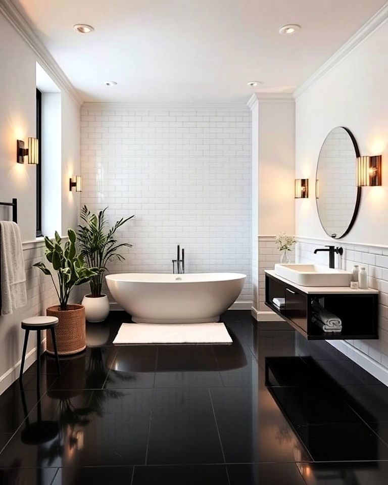 black floor and white walls bathroom with a soft lighting