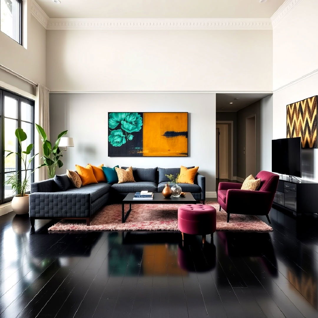 black floor living room with bold color accents