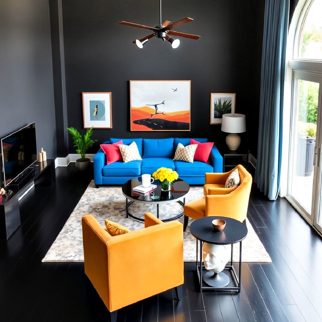 black floor living room with bright upholstery