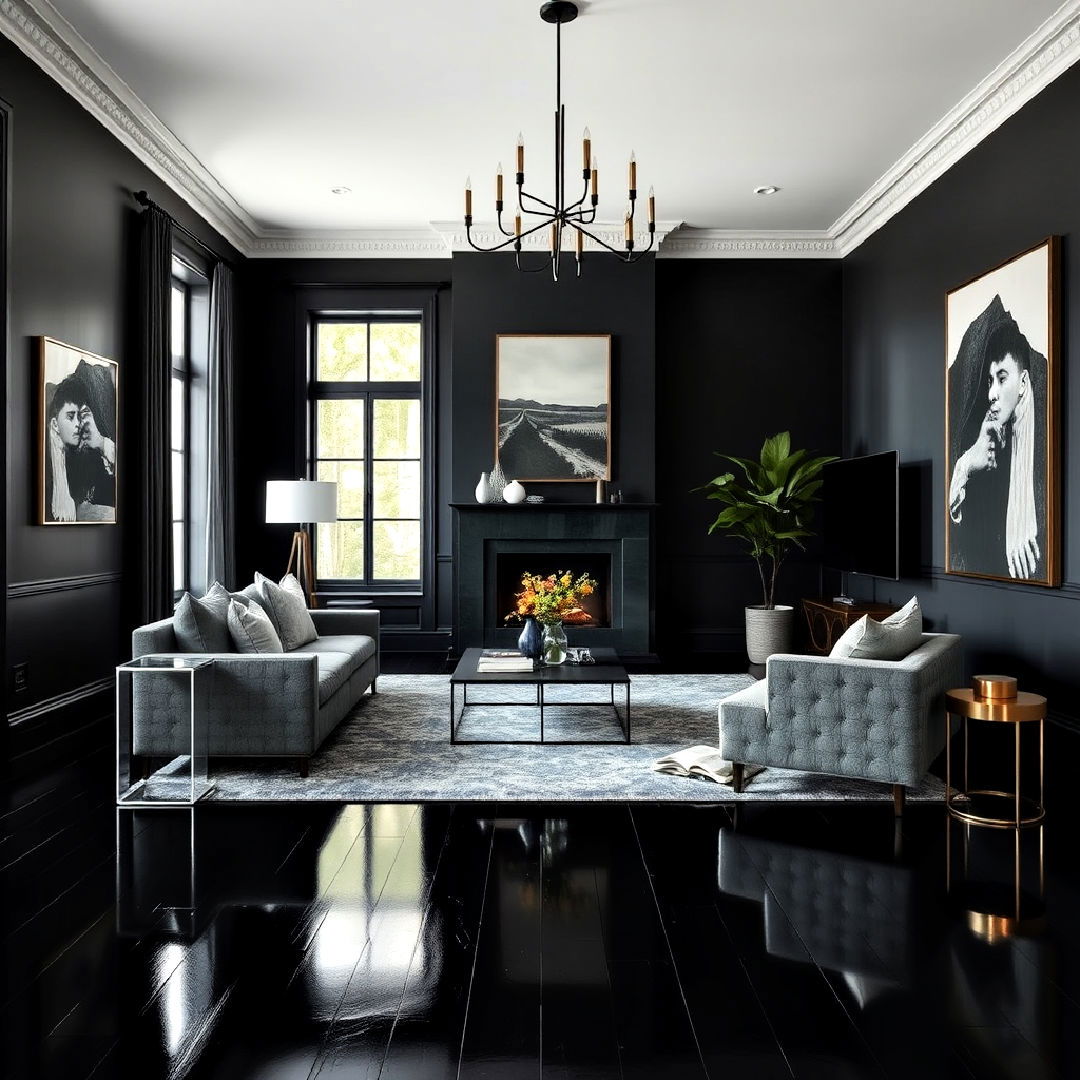 black floor living room with dark walls