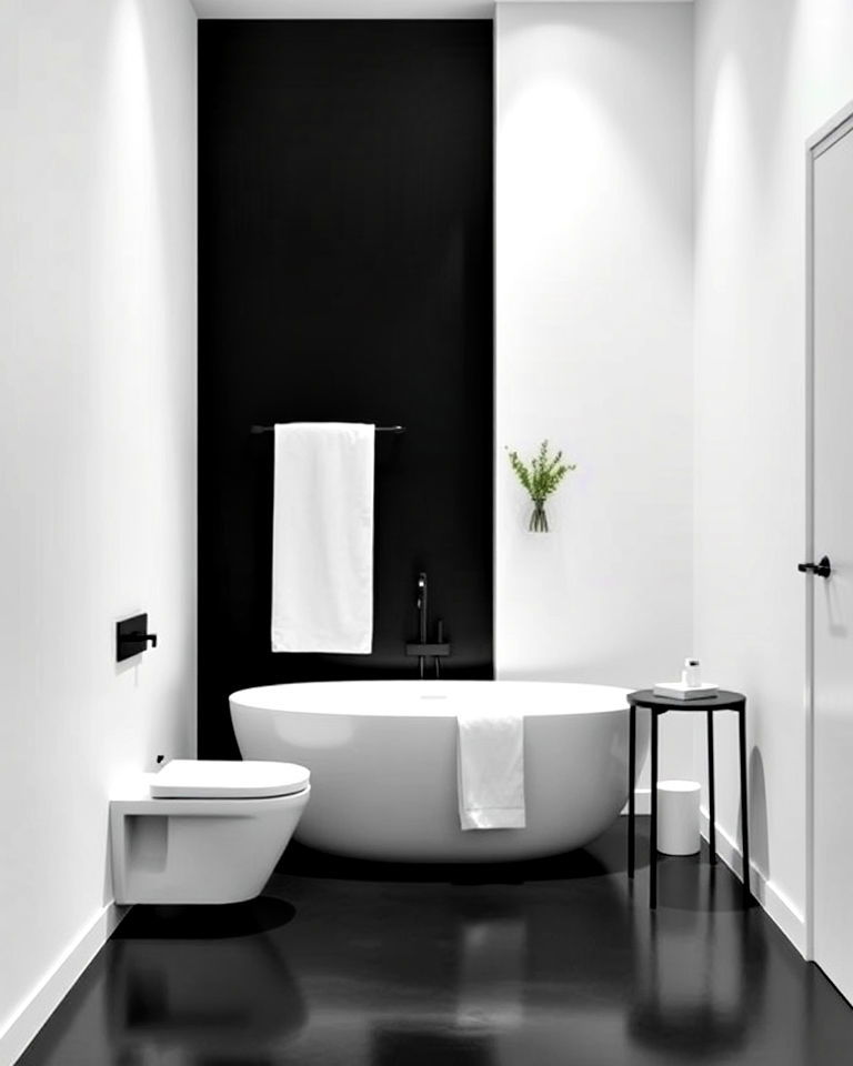 minimalist bathroom with black floor with white walls