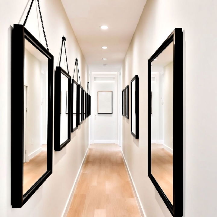 black framed mirror decor for narrow hallways