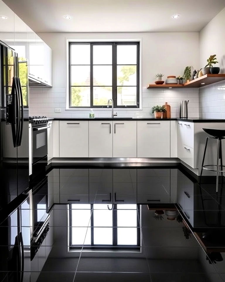 black glass tiles kitchen floor for a reflective finish