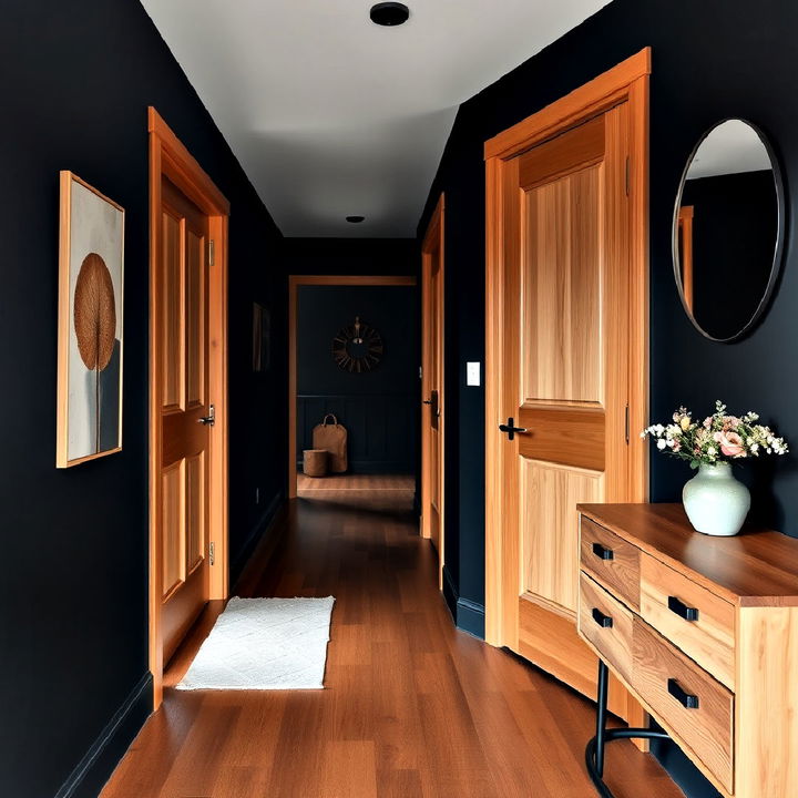 black hallway walls with wooden floor and doors