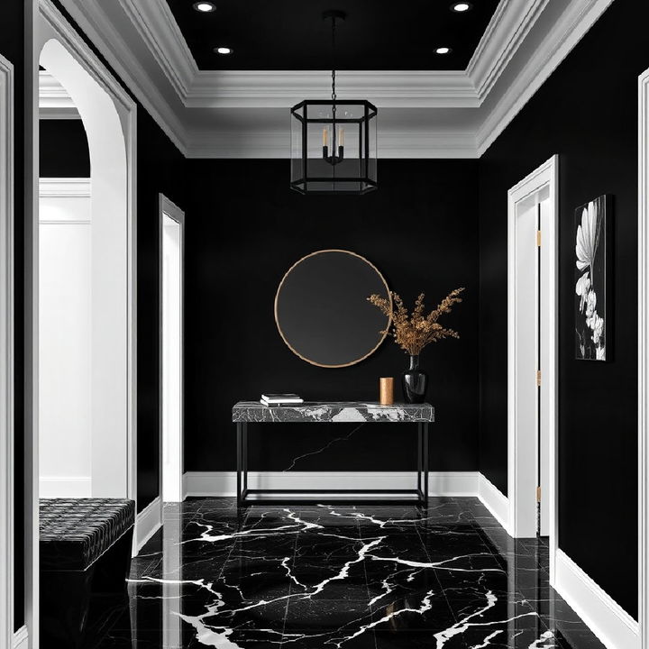 black hallway with luxe marble flooring and a console table