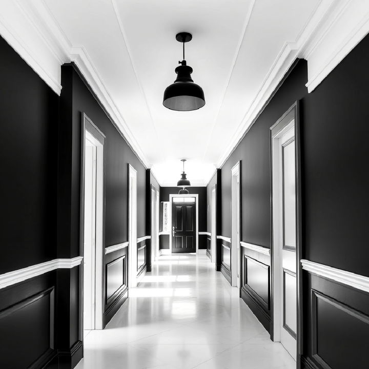 black hallway with white ceiling for a striking contrast