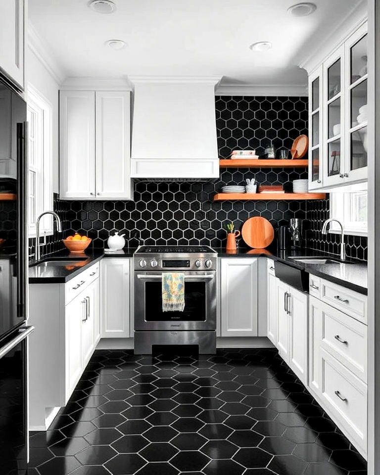 black hexagon tiles kitchen floor