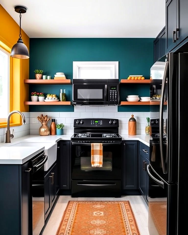 black kitchen appliances with bold wall colors