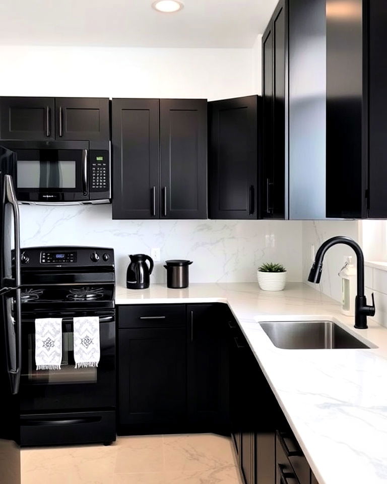 black kitchen appliances with marble countertop