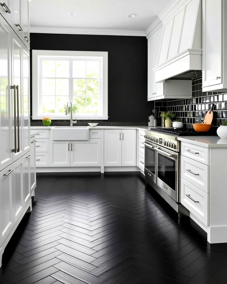 black kitchen floor from herringbone pattern tiles