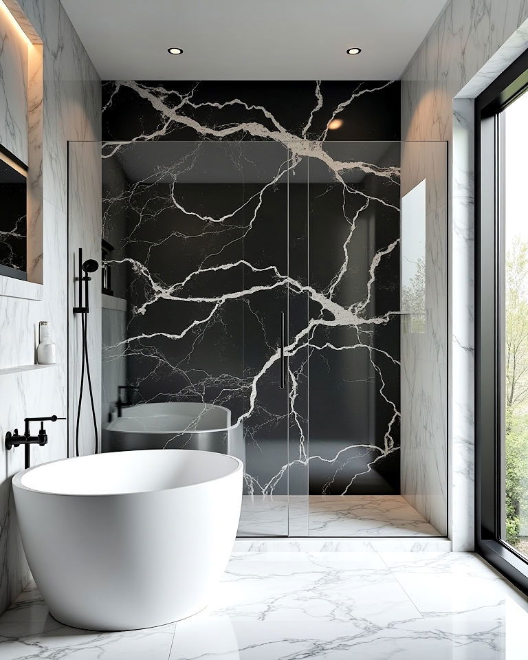 black marble bathroom and glass partition