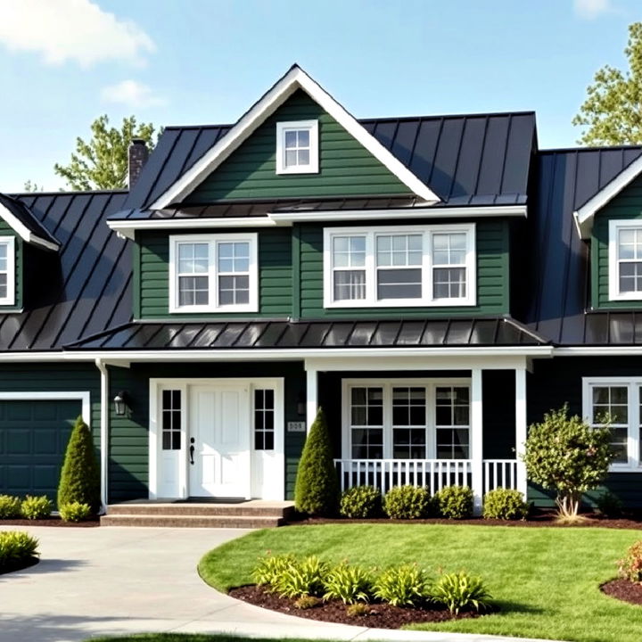 black metal roofing paired with dark green walls