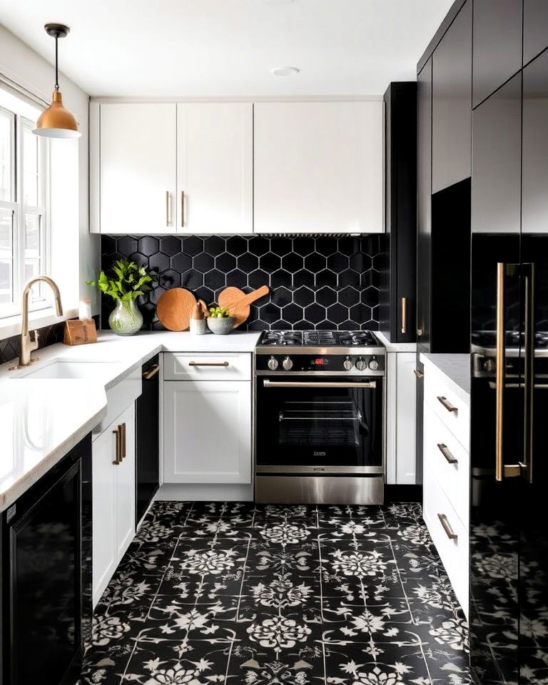 black patterned tiles floor for a bold statement