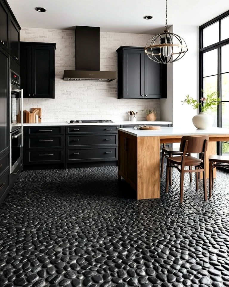 black pebble stone floor for an earthy texture