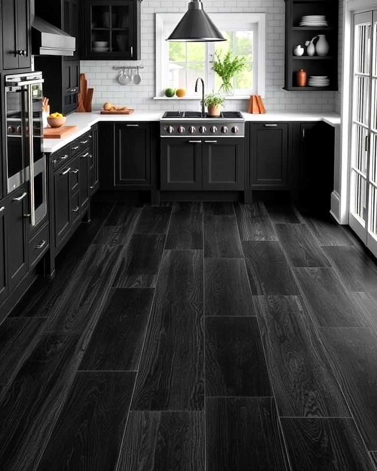 black porcelain planks floor kitchen