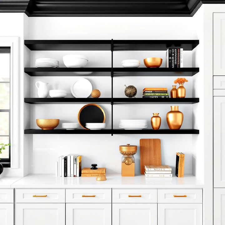 black shelving and gold decor accents on bright white walls