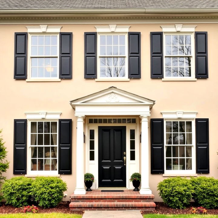 black shutters on a beige facade