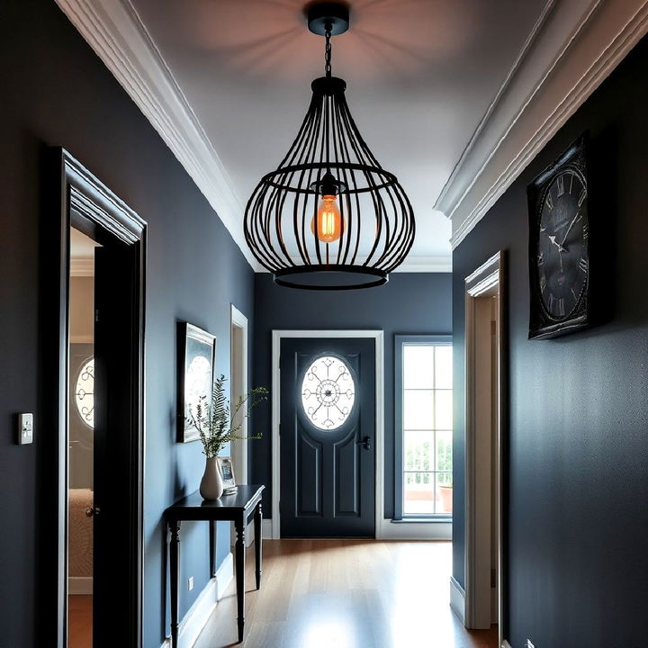 black statement light as a striking hallway focal point