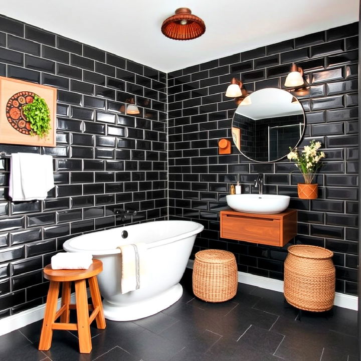 black tiling elevated with warm brown decor