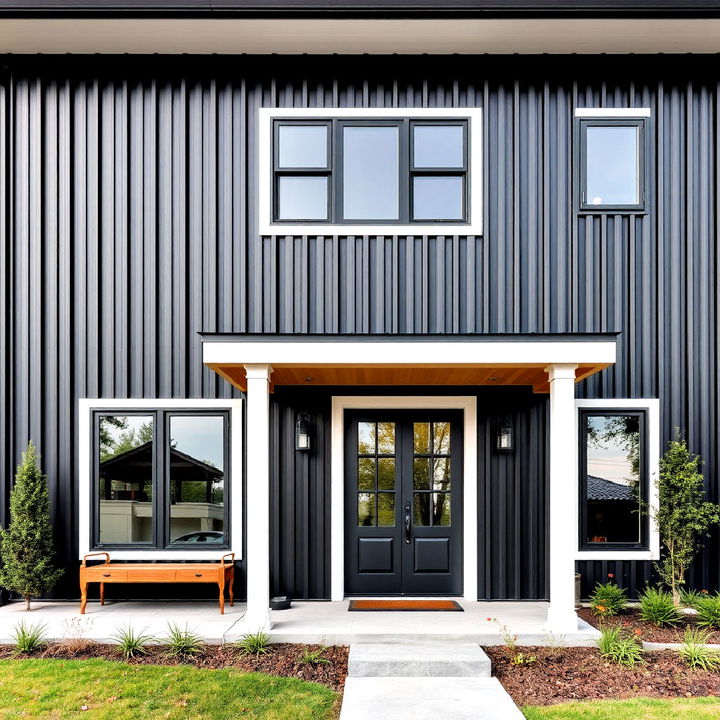 black vertical metal siding farmhouse for an industrial touch