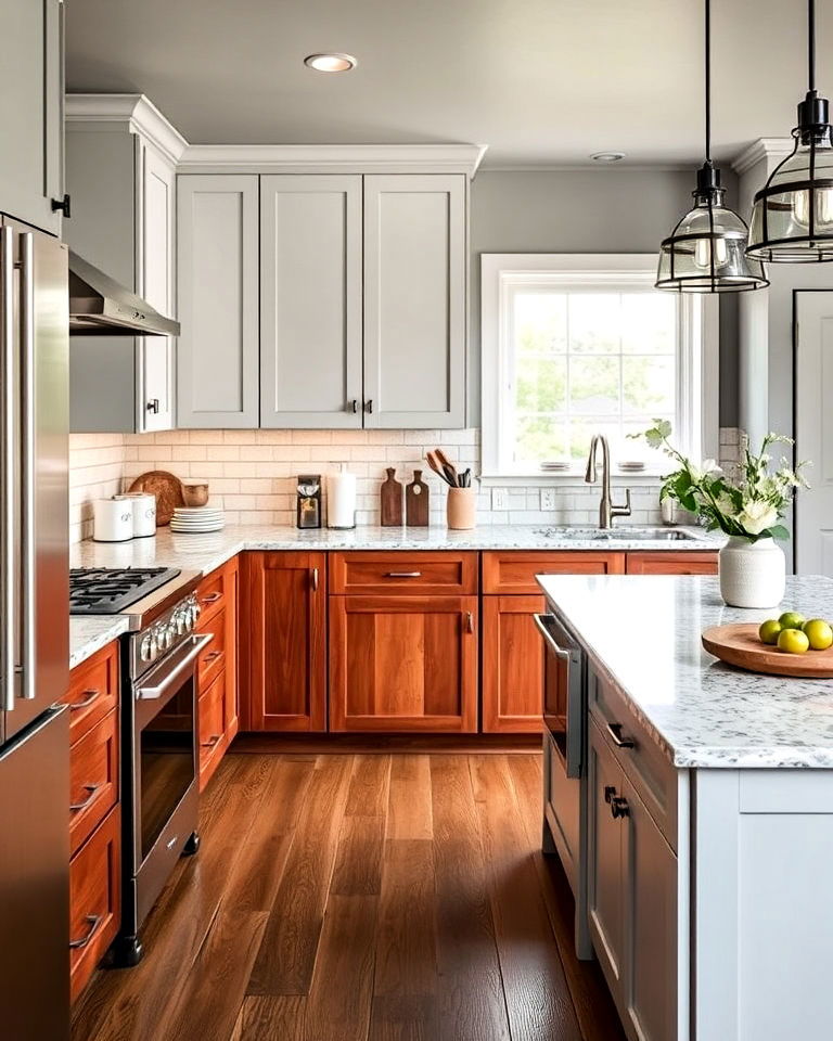 blending natural cherry with painted cabinets