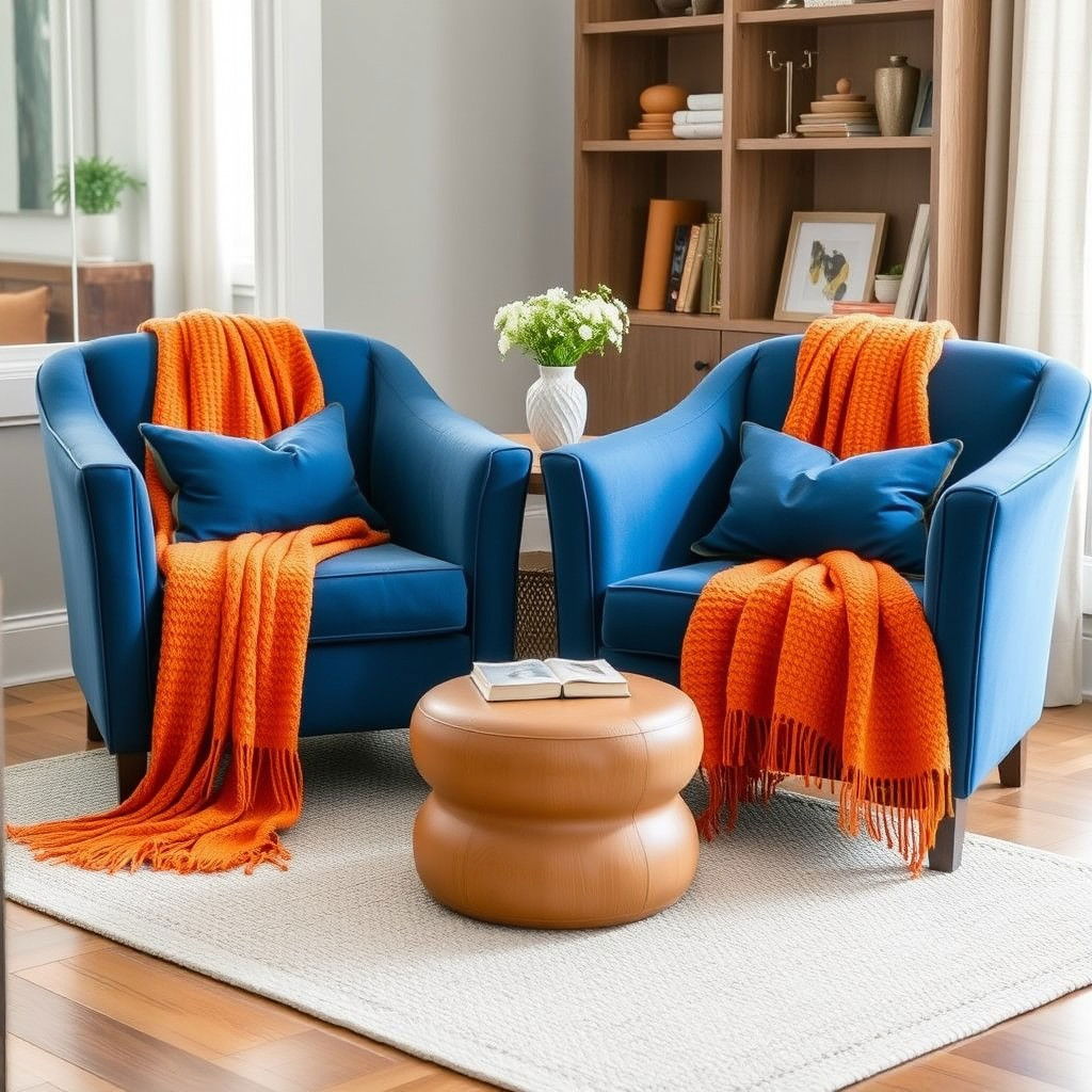 blue armchairs with cozy orange throws