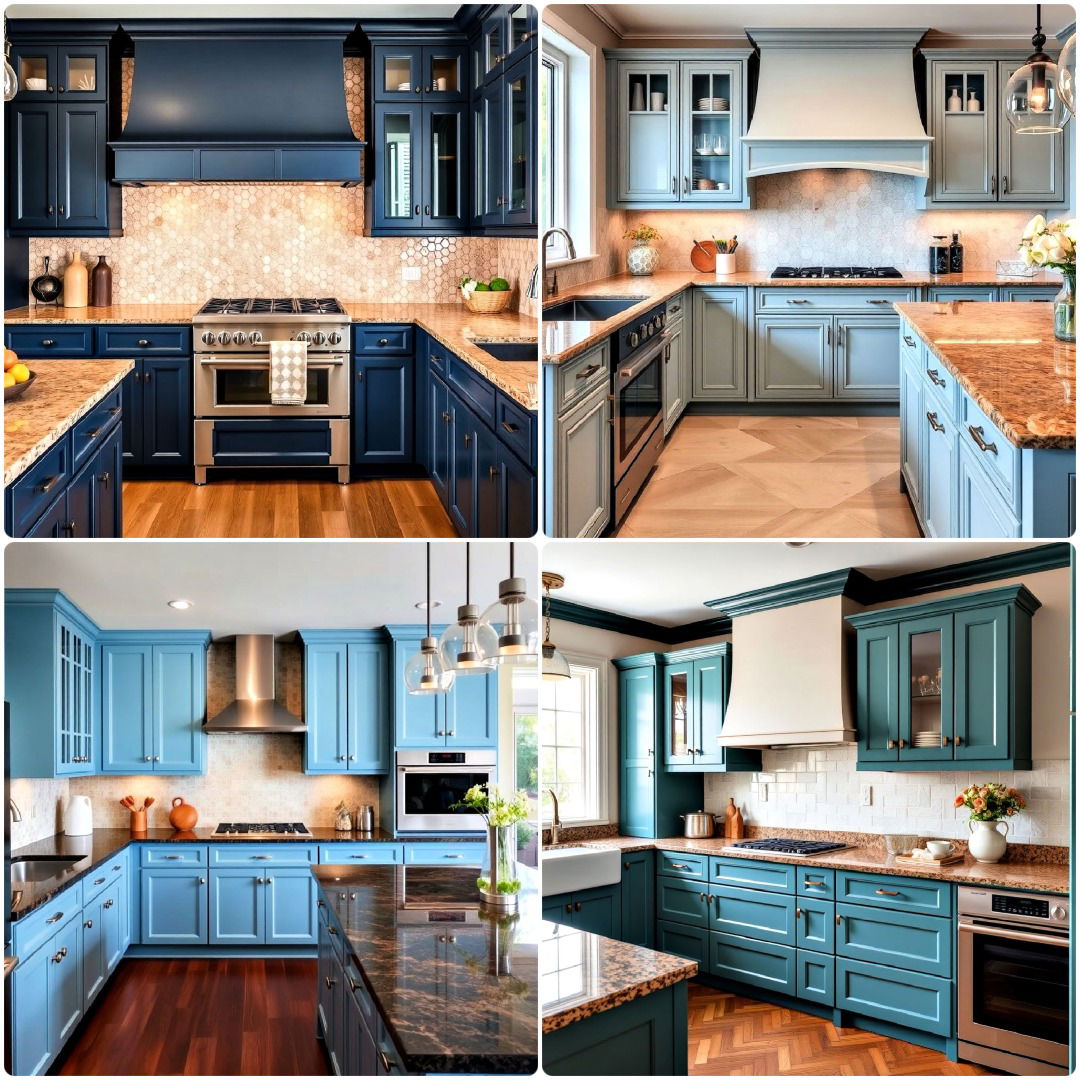 blue kitchen cabinets with brown granite countertops