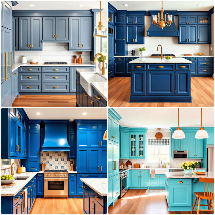 blue kitchen cabinets with gold hardware