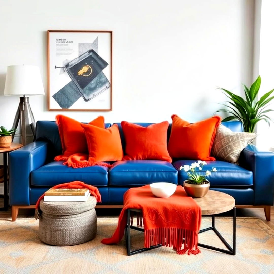 blue leather sofa paired with orange textiles